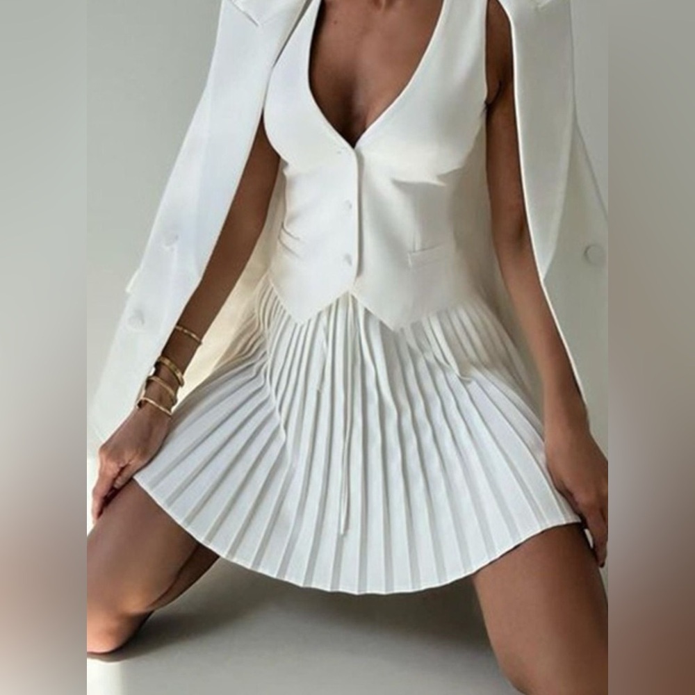 Button Up Vest and Pleated Mini Skirt Set